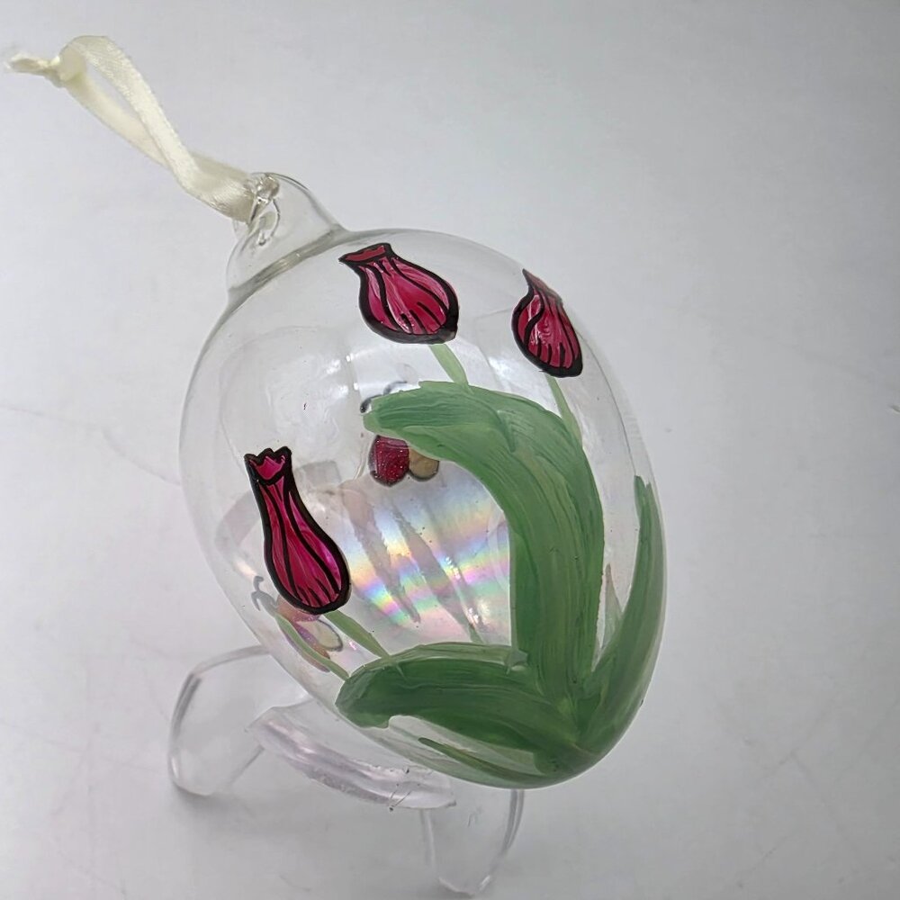Hand Painted Glass Tulip & Ladybug Ornament With Ribbon Hanger 2.5"